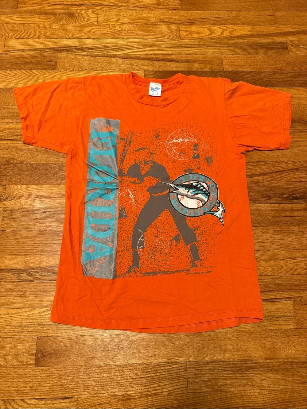 Vintage 90s Florida Marlins Orange T-shirt, Baseball Team MLB 1991 (Medium)